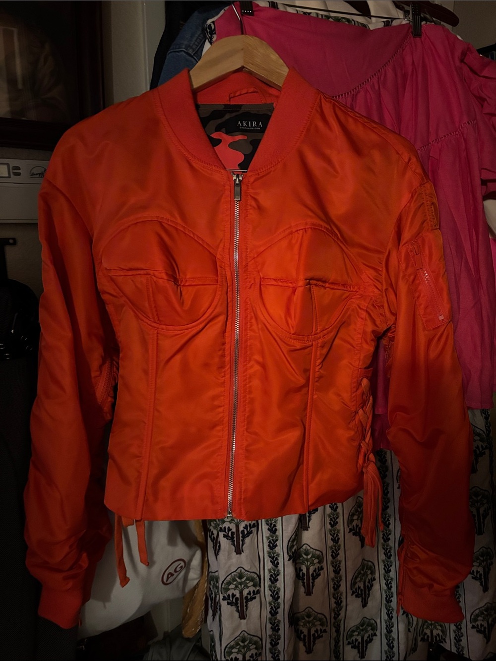 AKIRA Bold Orange Satin Bomber Jacket with Bust Seams - Picture 5 of 9